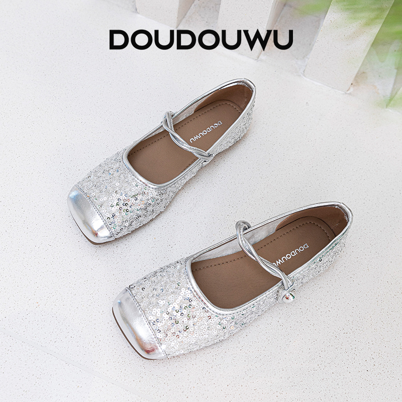 豆豆屋银色玛丽珍鞋女2025新款夏季韩版潮休闲浅口一脚蹬平底女鞋