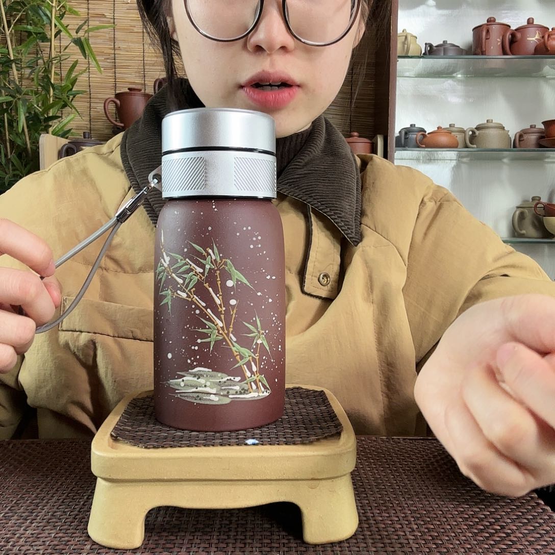 紫砂茶杯紫泥便携式杯子雪竹350CC
