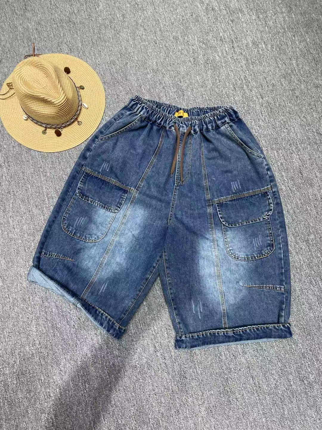 【85532七分牛仔】潮流贴布文艺印花女牛仔裤哈伦宽松大码水洗