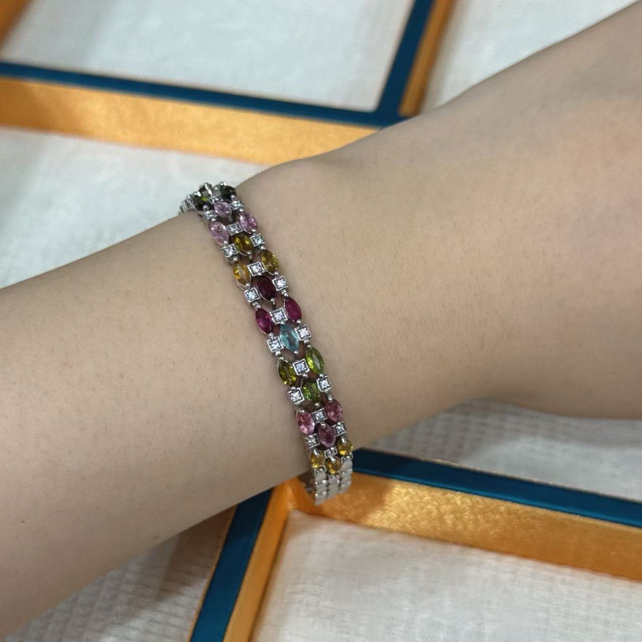 轻奢S925银镶彩色碧玺表盘手链女士气质豪华手饰