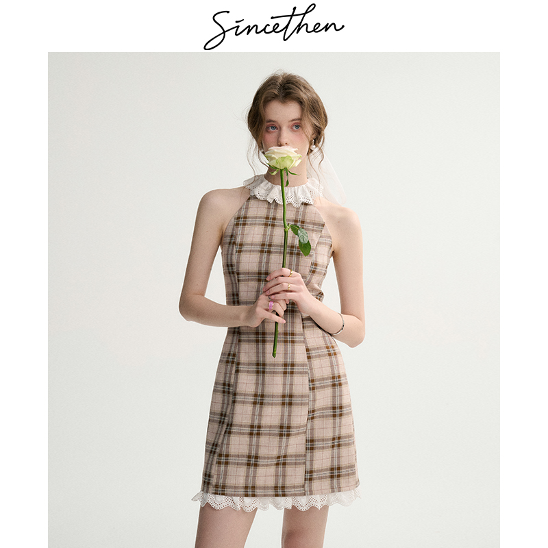 sincethen 英伦小姐法式挂脖裙小个子无袖短裙格纹裙子连衣裙女夏