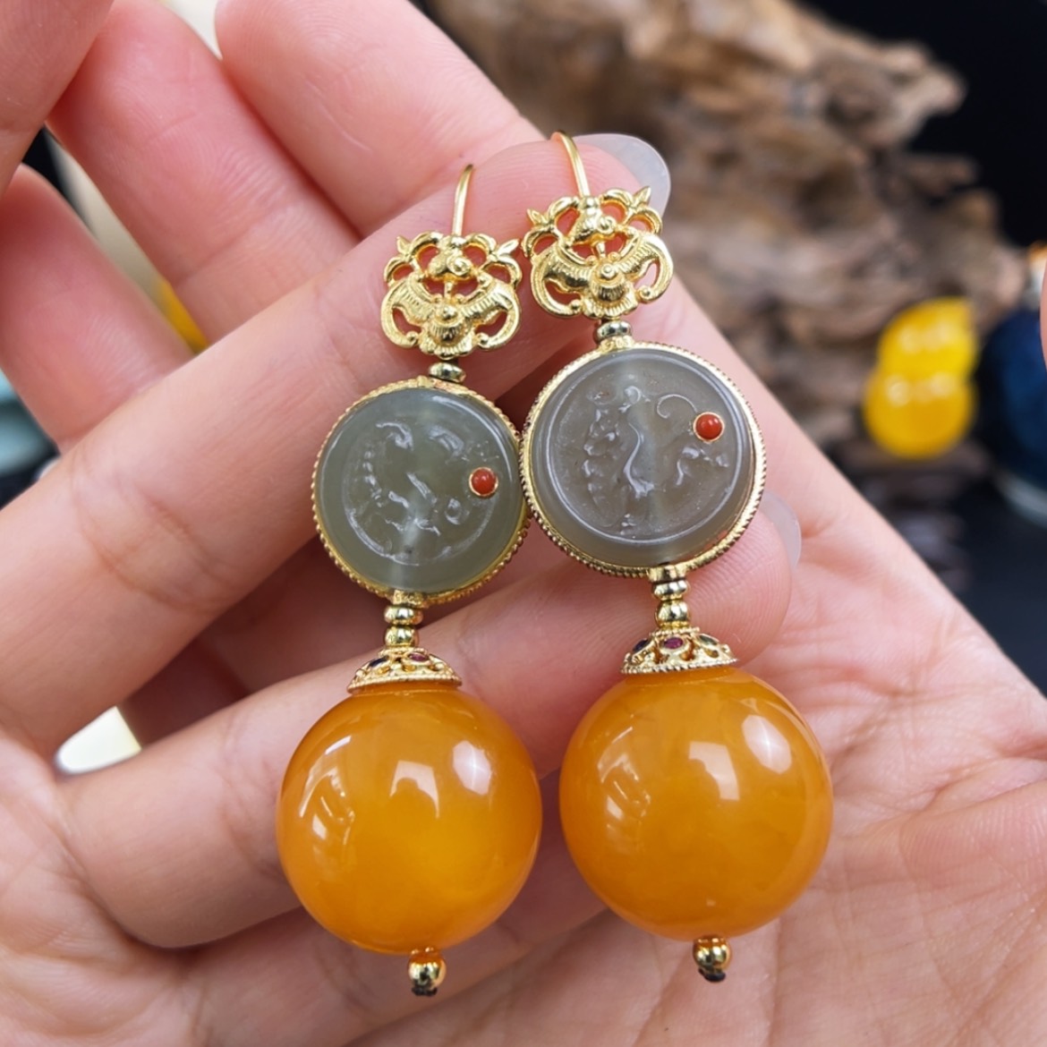 【闪购商品】琥珀珠宝奇石银S925镀金镶嵌