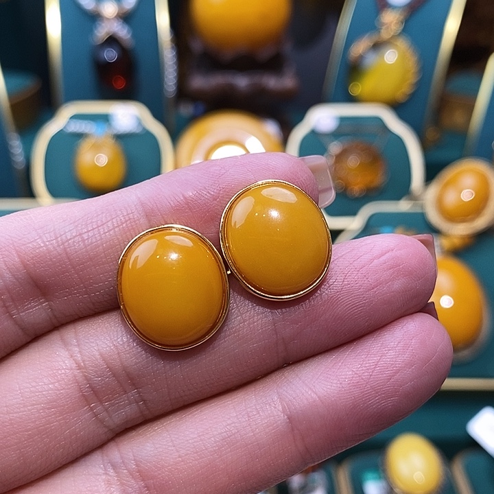 蜜蜡耳饰银S925镀金镶嵌