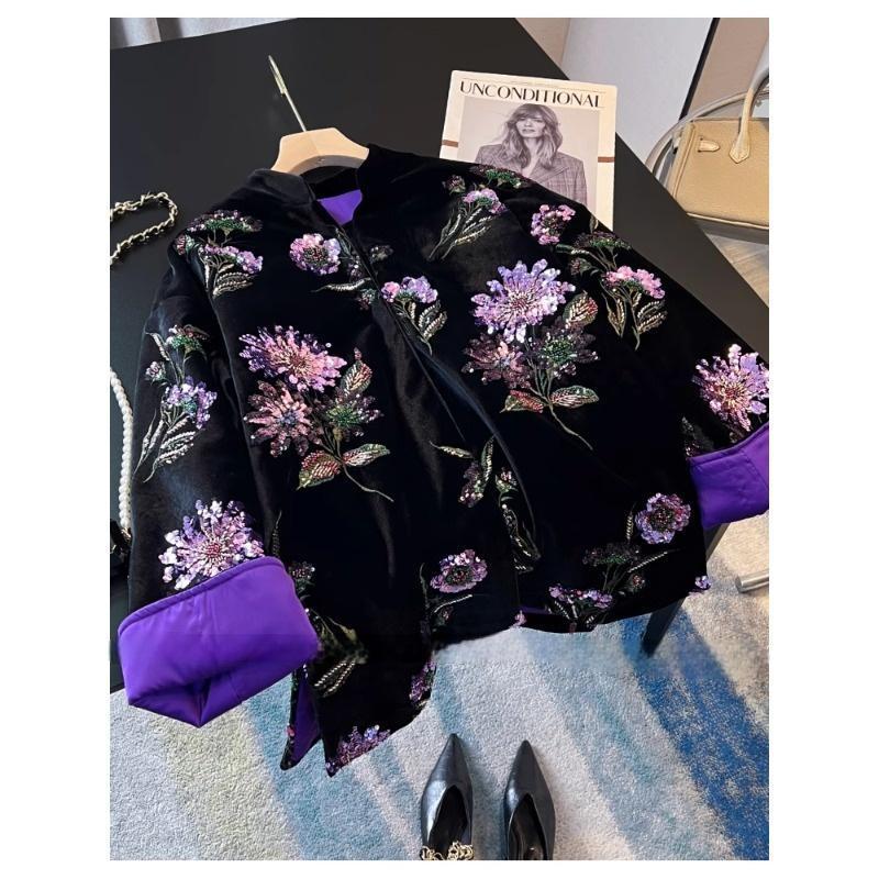 新中式国风夹棉丝绒外套女2025冬新款重工亮片名媛高级感加厚棉服