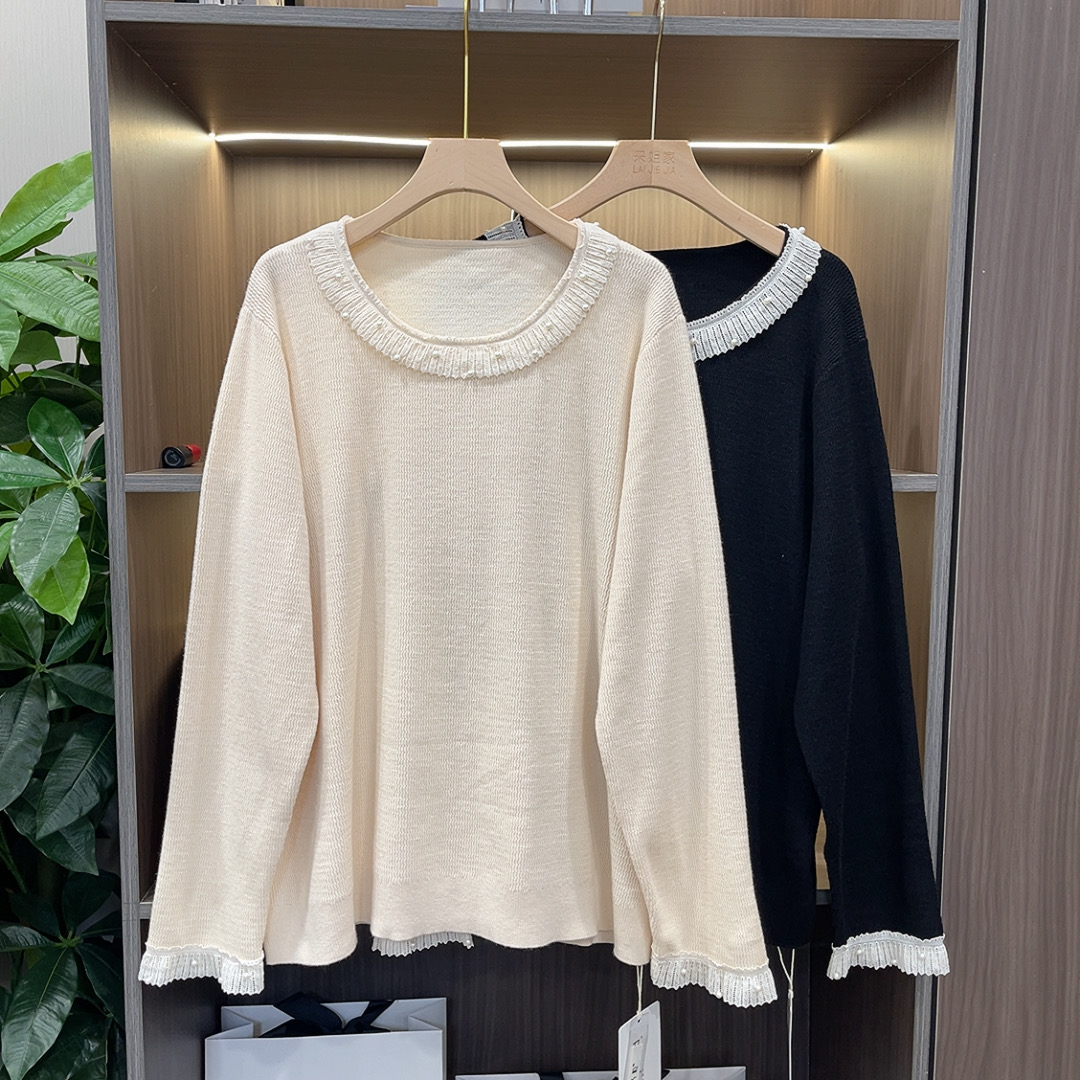 钉珠花边拼接淑女风圆领针织衫上衣