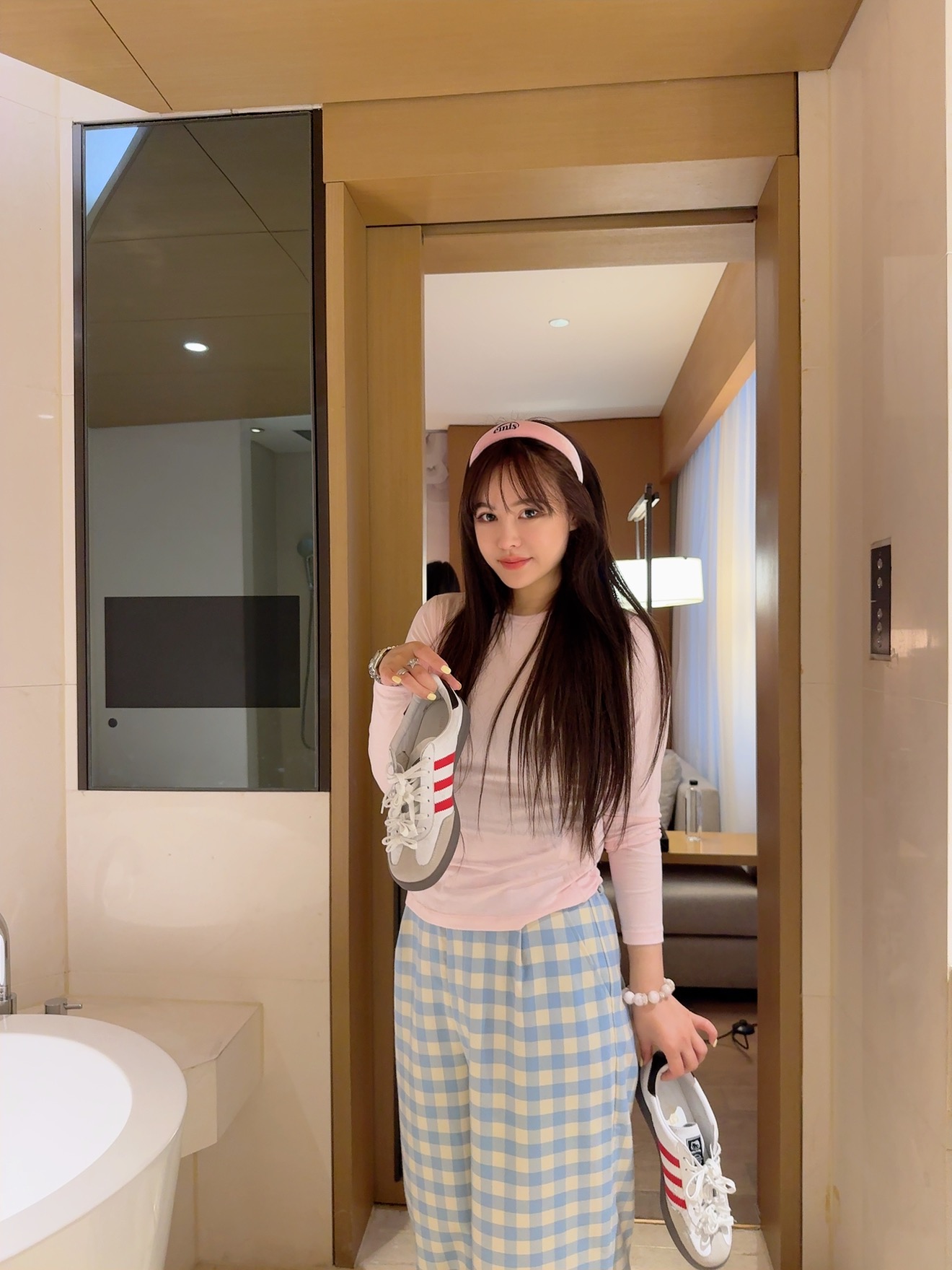 【sKycaptian】春夏小调调蓝格对格款“抗皱”西装休闲宽松裤XHD41