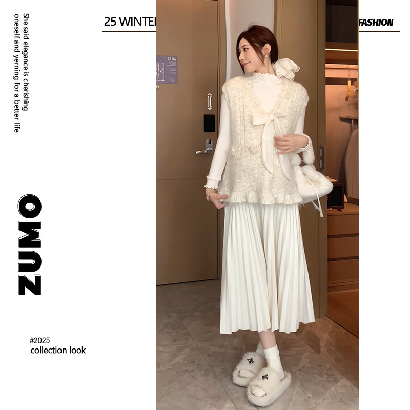 2025孕妇装韩版甜美蝴蝶结v领马甲背心孕妇半裙百褶裙套装两件套