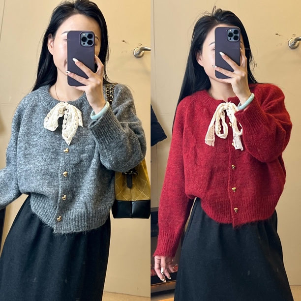 蕾丝蝴蝶结软糯温柔气质插肩袖开衫