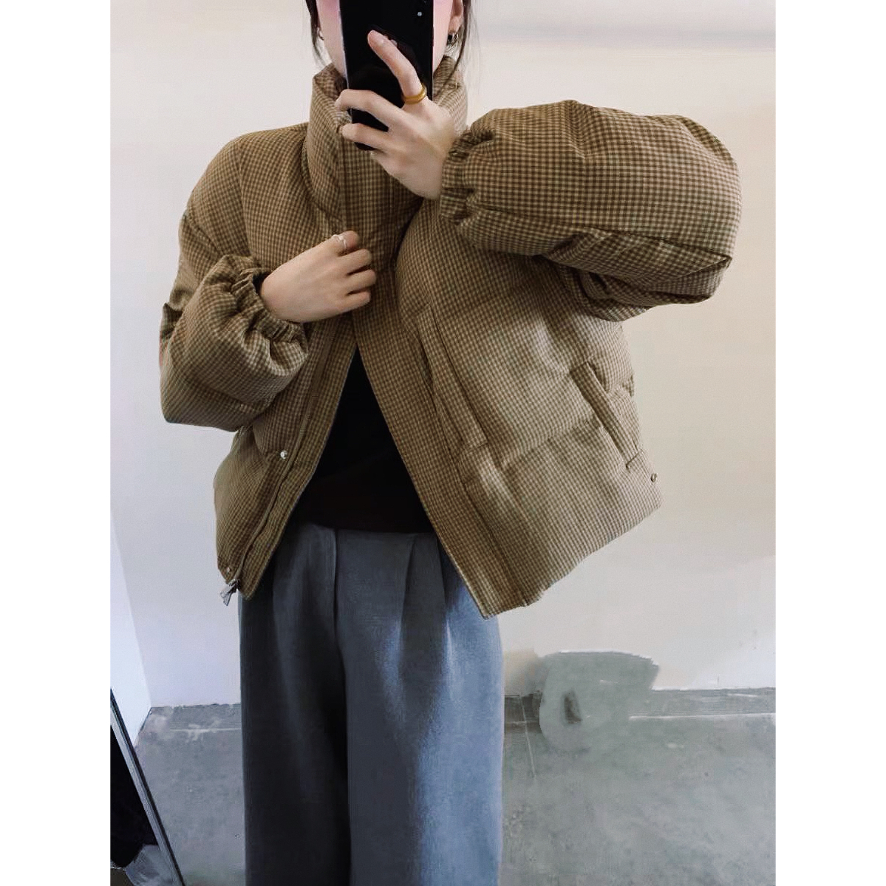 Y663910-美拉德格子短款女冬季美式复古小个子面包服外套