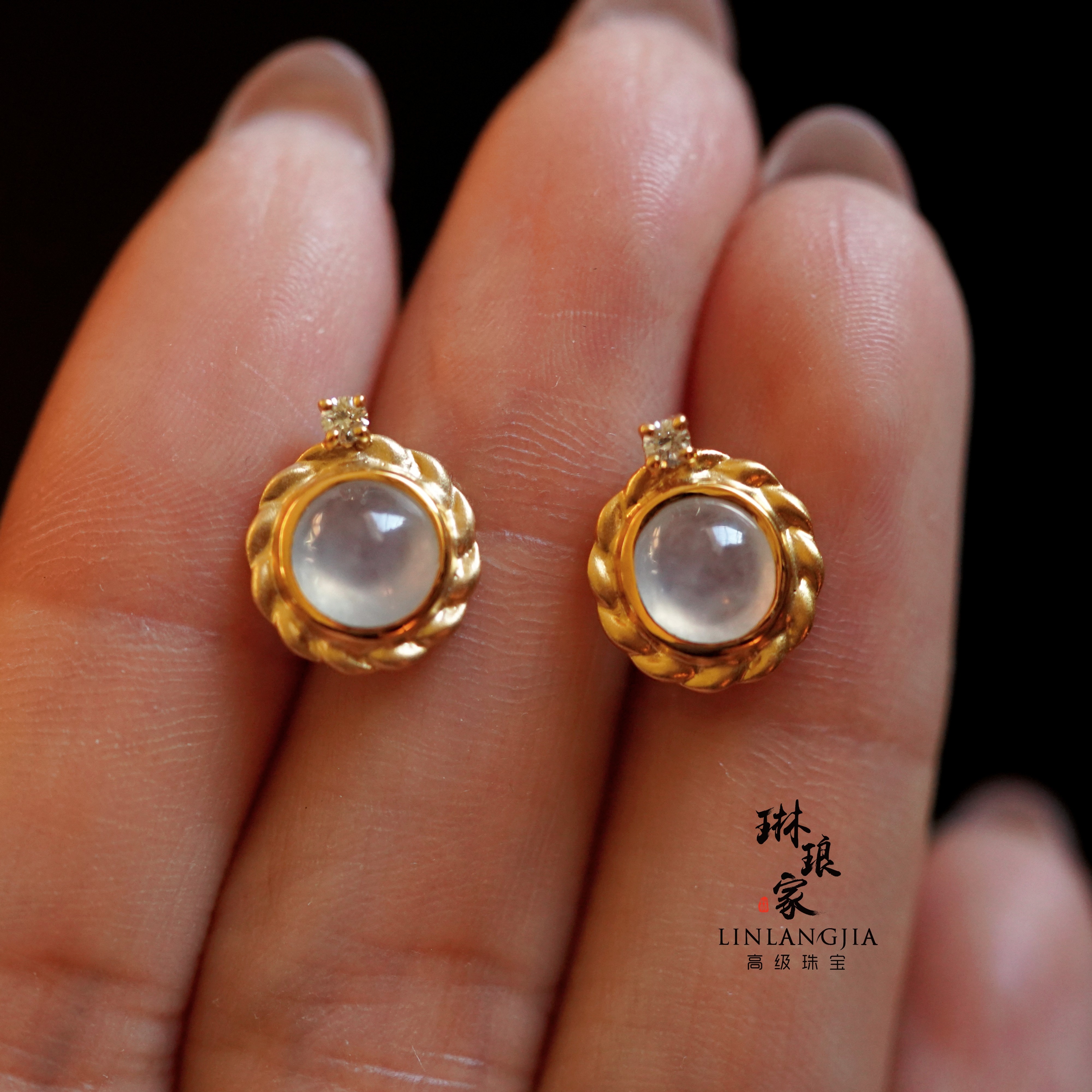 金羽花环 冰种翡翠18k金耳钉