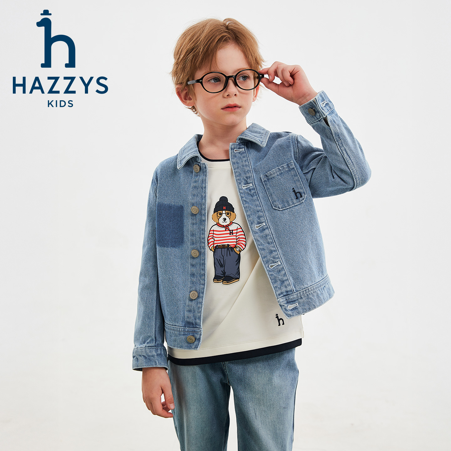 Hazzys/哈吉斯品牌童装男童牛仔外套简约时尚新款牛仔外套