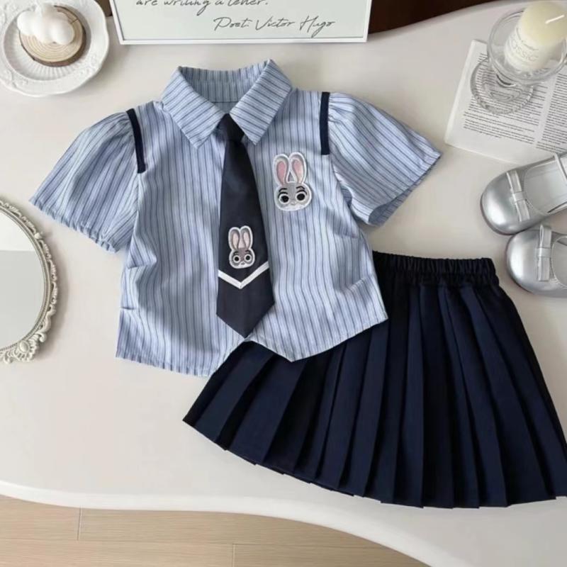 2025新款夏季女童条纹衬衫百褶裙套装可爱学院风开学季洋气两件套