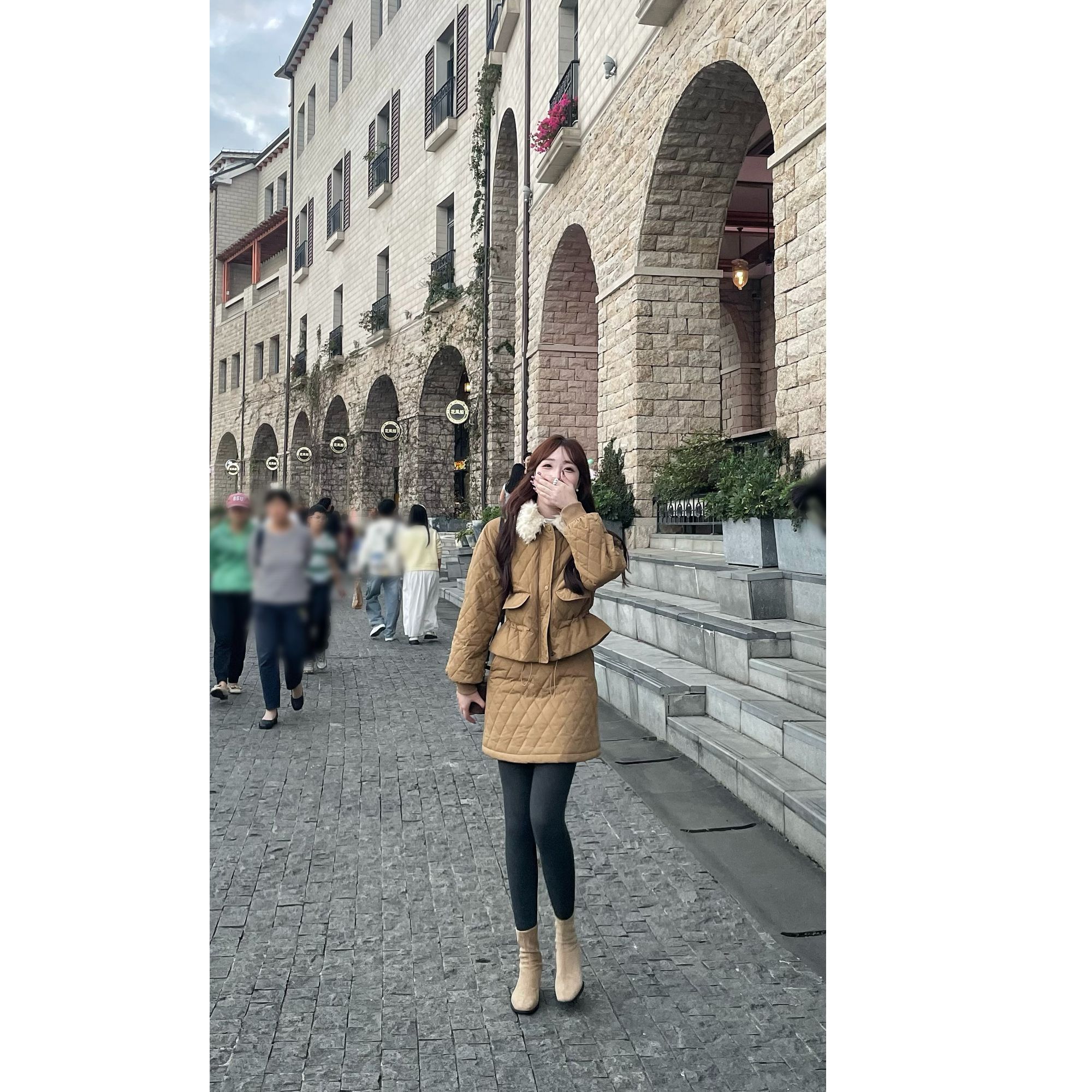 YPP！【南洋欧尼】秋季韩系可拆卸毛领棉外套+格纹裙半裙套装