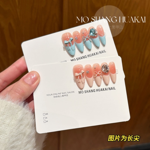 【粉蓝日记】法式少女甜美俏皮可爱蝴蝶结堆钻锆石纯手工穿戴甲