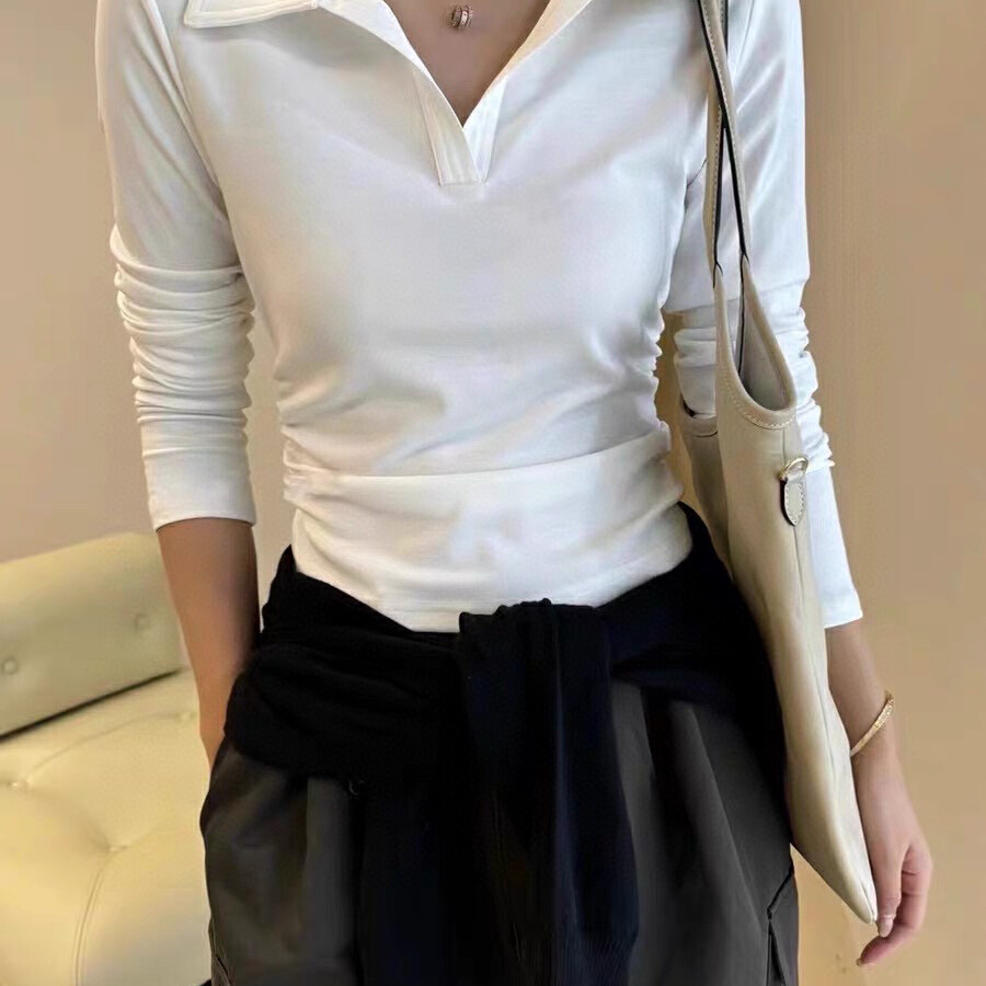 纯色翻领修身显瘦上衣长袖T恤  W2493#  LKZ