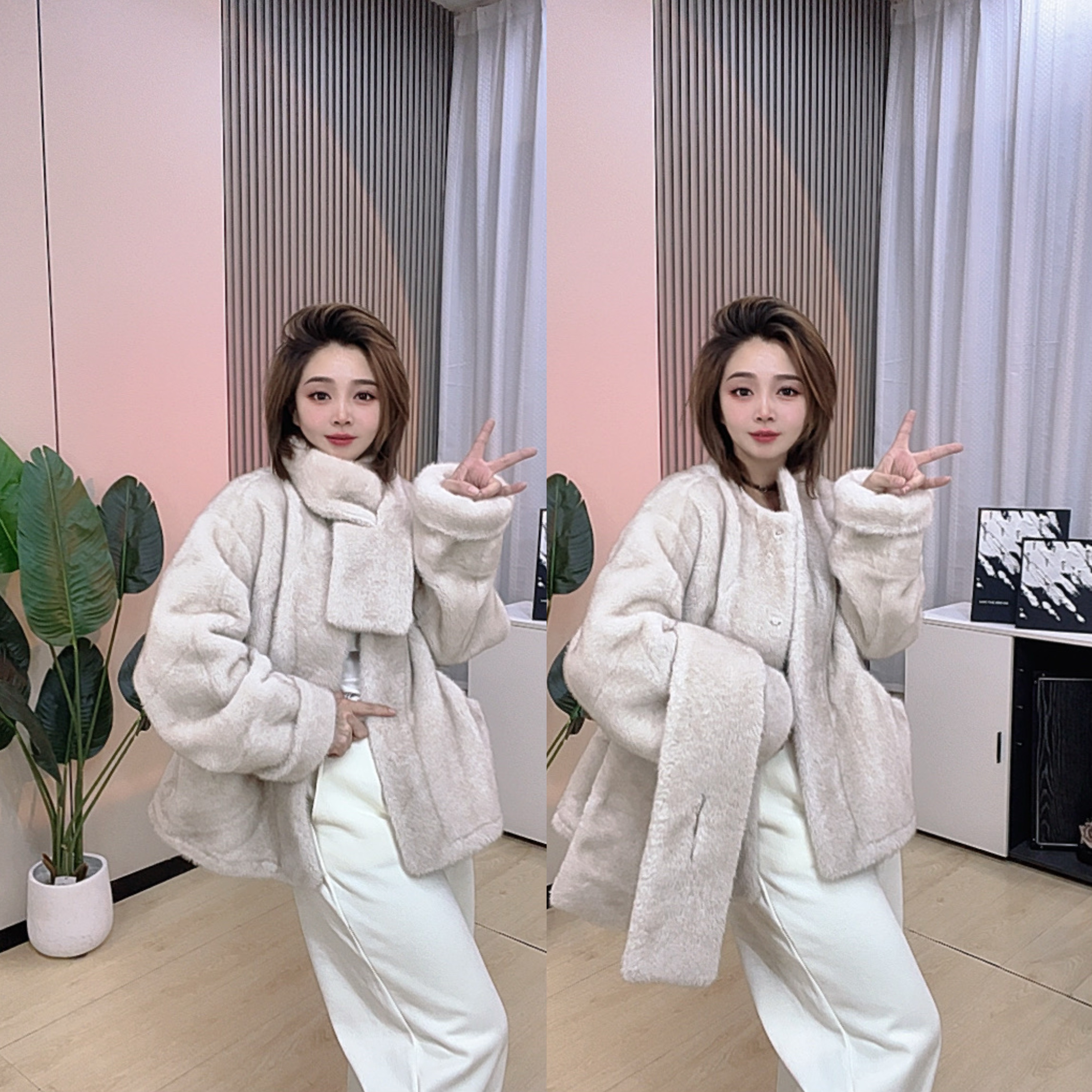 【萍萍推荐】2025短款带围巾毛毛外套