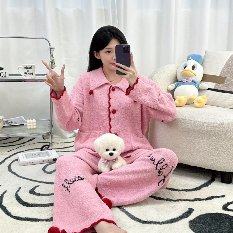 女士睡衣秋冬季高级感加厚半边绒简约休闲少女冬天家居服套装外穿