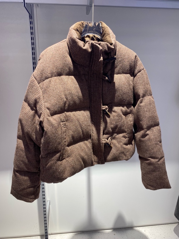 牛角扣常规袖保暖格子短款女款羽绒服