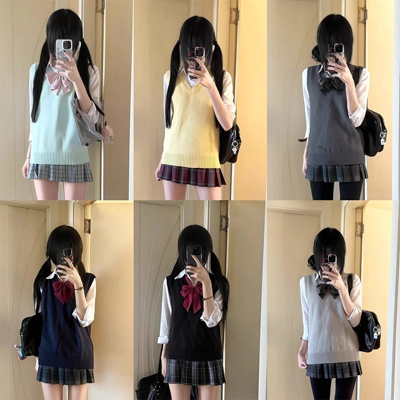 原创jk制服V领套头马甲背心秋冬学院风纯色无袖针织衫内搭毛衣女
