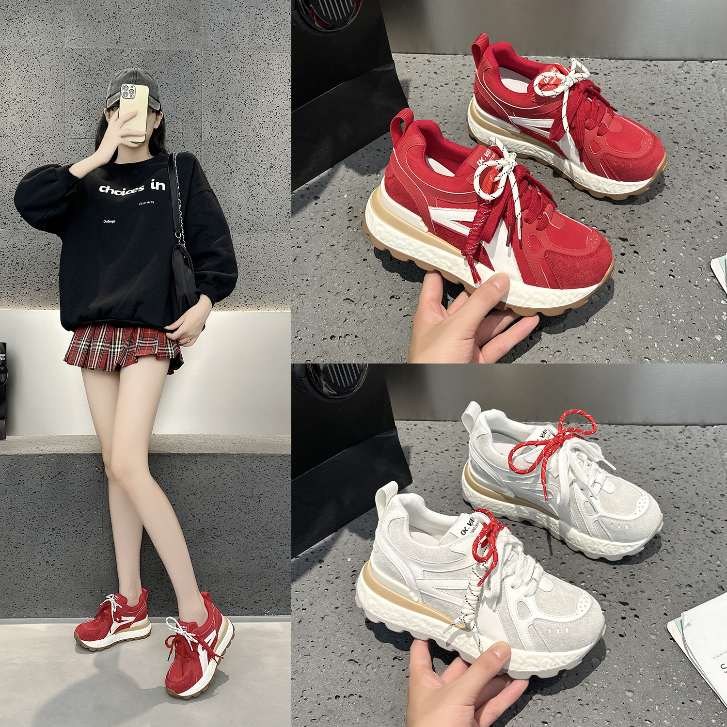 【LiLi严选】8cm小个子厚底阿甘鞋女秋隐形内增高拼色休闲运动鞋子