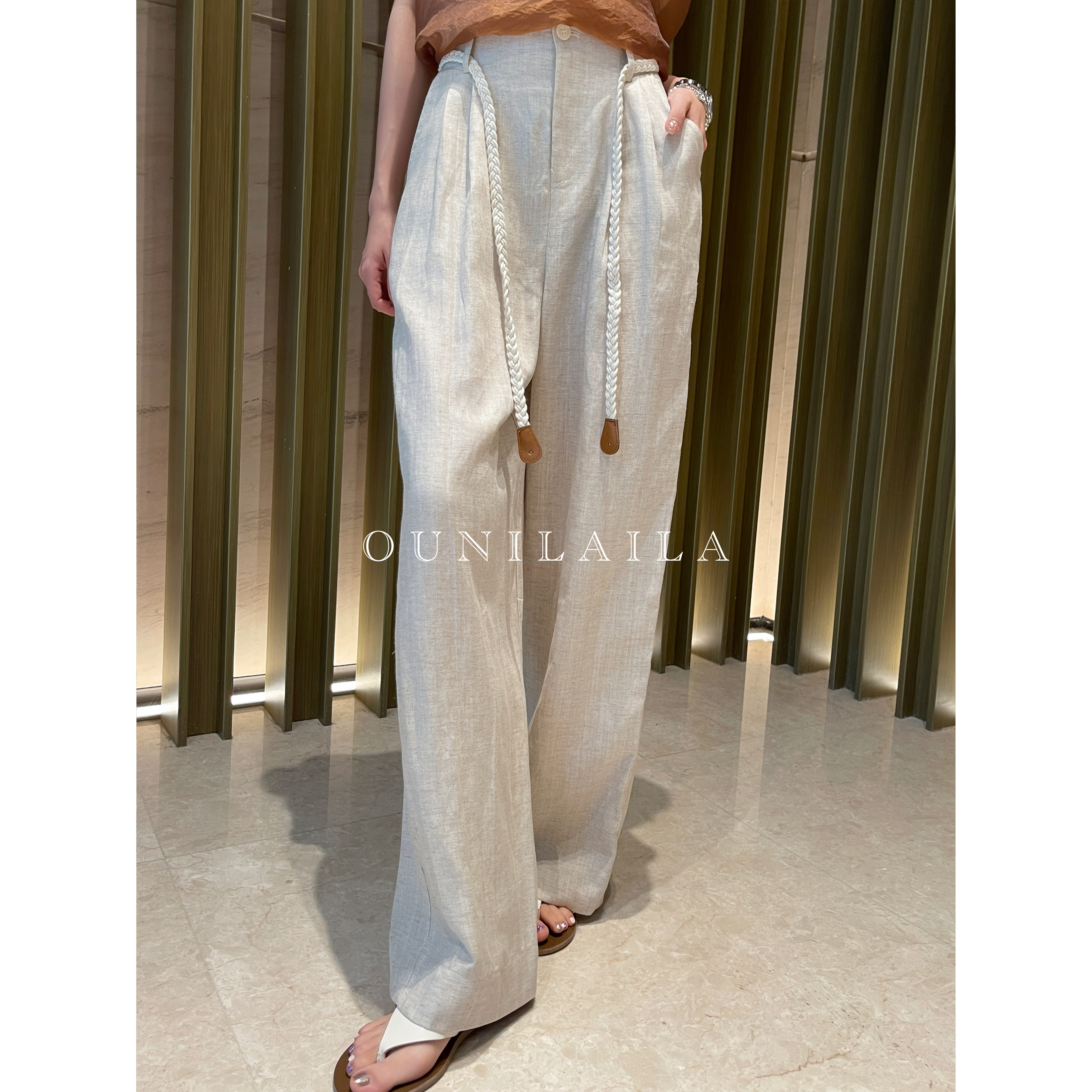 欧尼家【九思裤】干爽体感亚麻裤 / 纯色极简时尚阔腿裤KZ8156N