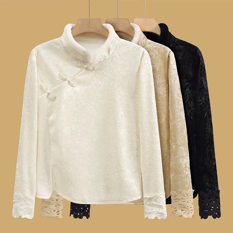 蕾丝袖口日常打底衫加绒新中式丝缎上衣女