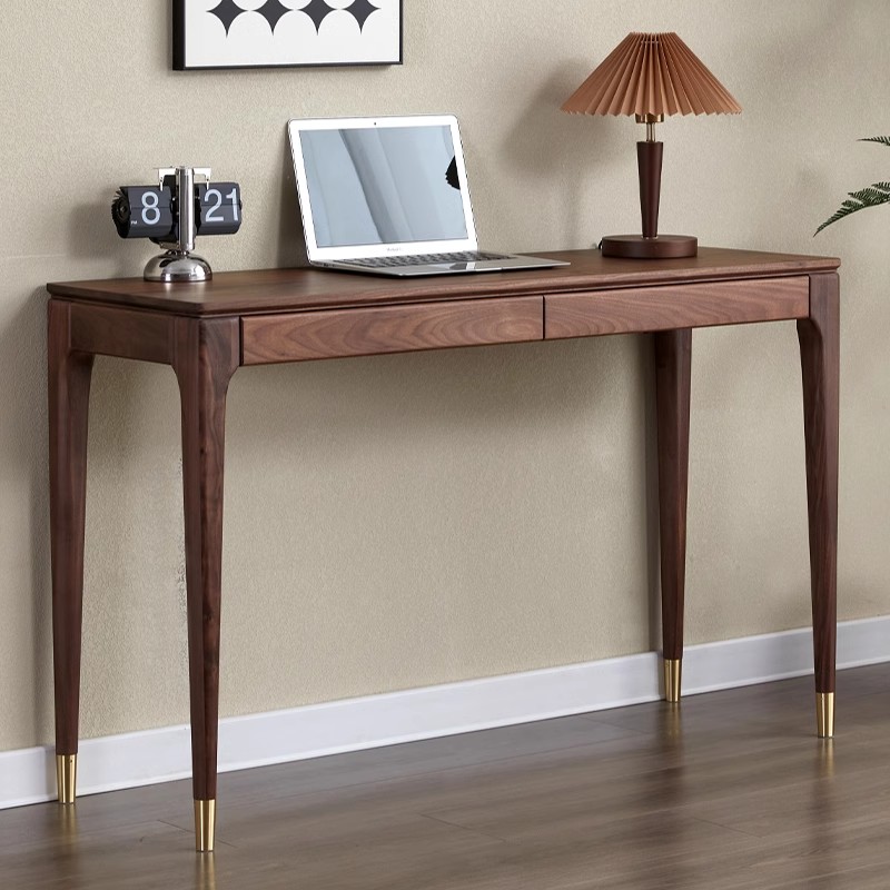 北美黑胡桃木书桌窄抽屉家用学习桌北欧书房实木小户型原木电脑桌