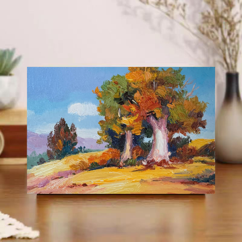 《秋塬双树》20*30含内框，刘春建手绘油画装饰画，客厅背景墙挂画