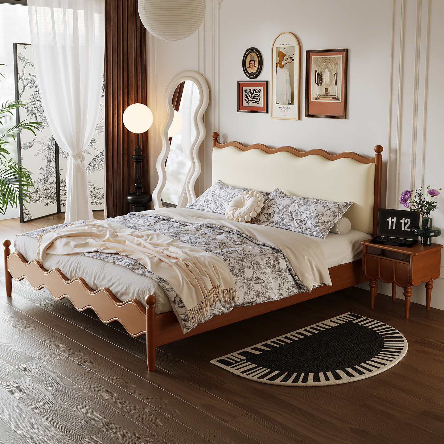 奶油风中古风法式复古风全实木涟漪床1.8米双人软靠真皮主卧床