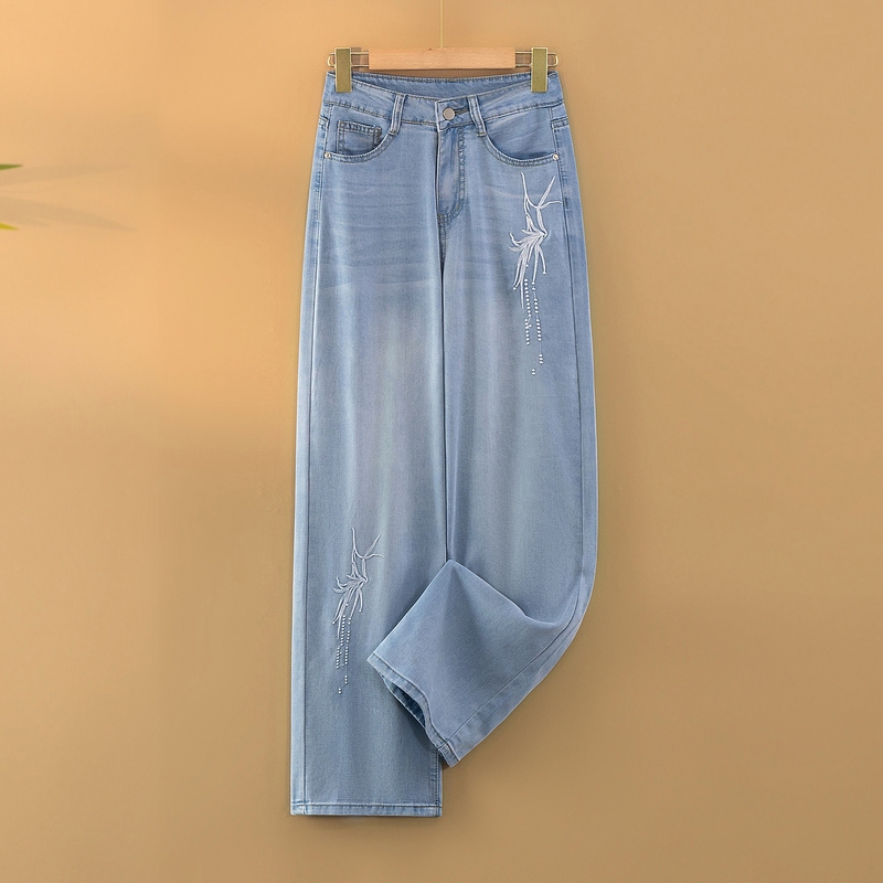【青竹】夏季2025新款薄款牛仔裤女装新中式绣花直筒休闲裤国风裤子