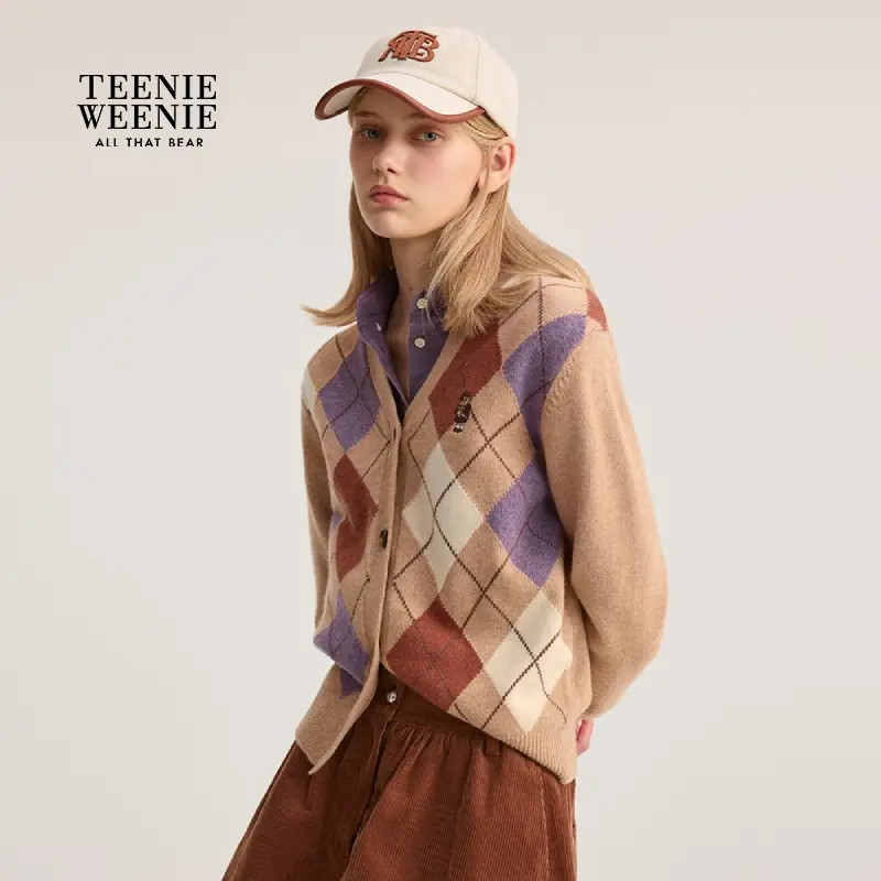 TeenieWeenie小熊女装毛针织衫2025秋菱形格V领开衫上衣秋季秋冬