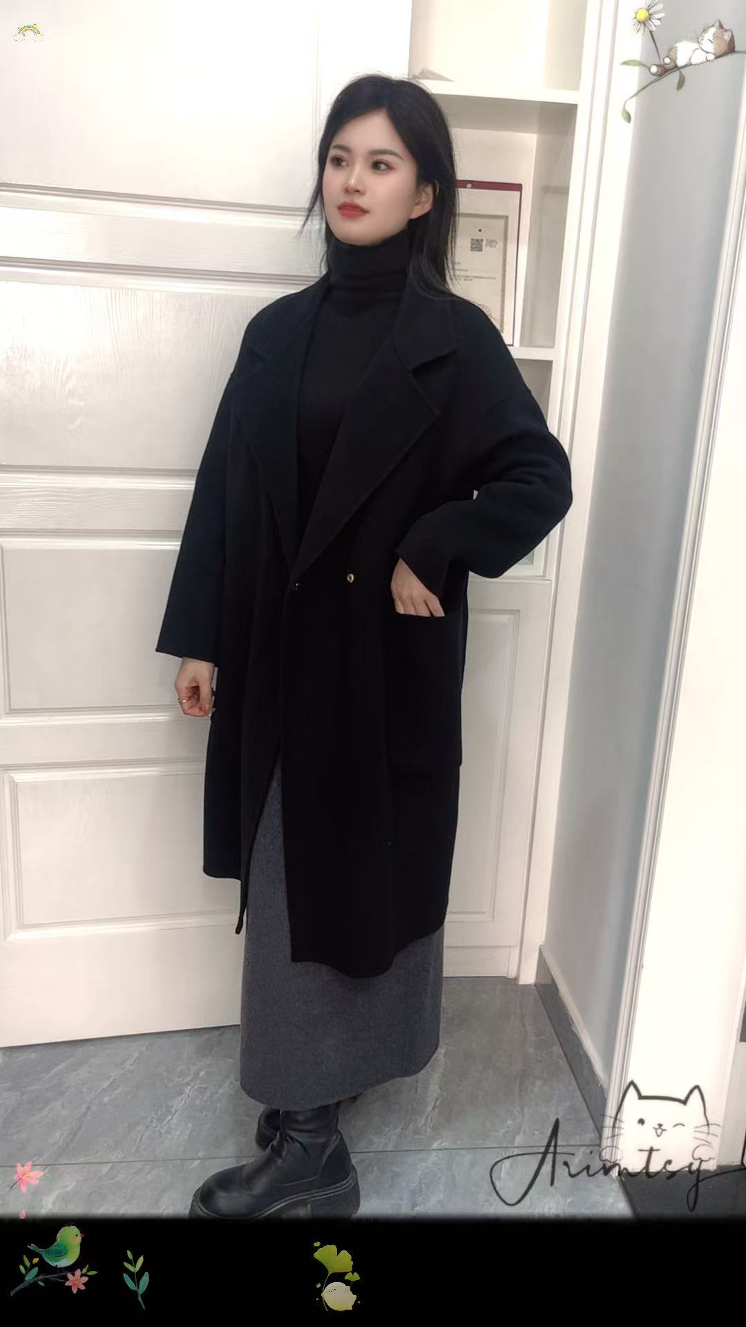 黑色双面羊毛大衣女中长款2025年新款高端秋冬季小个子羊毛呢外套