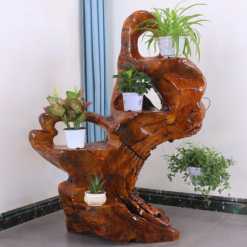 根雕花架天然树根盆景架实木自然原木花架子香樟木置物架HL8412