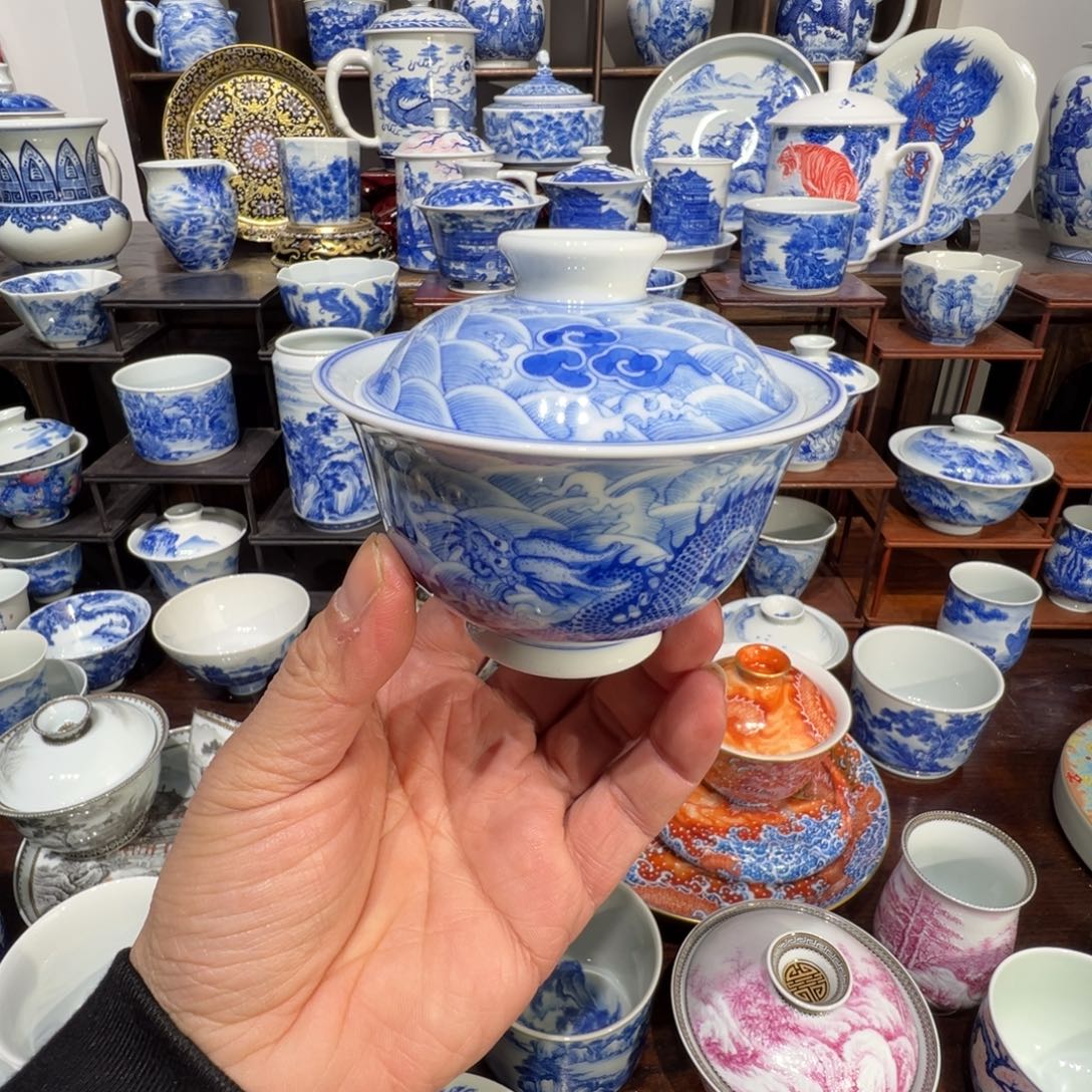 青花海水龙盖碗盖碗