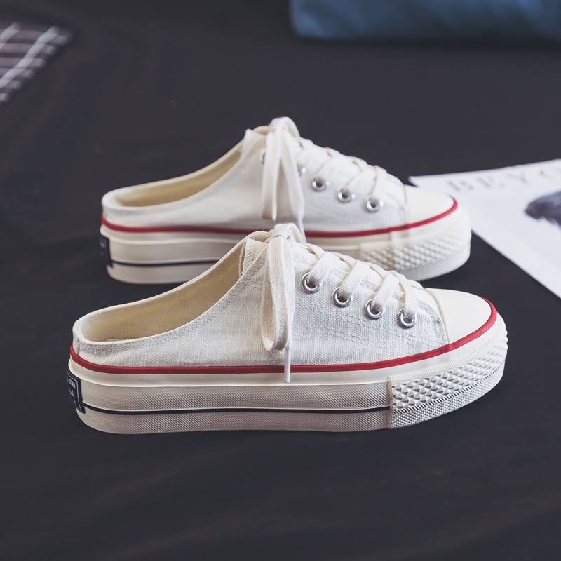 【厚底 3厘米】夏季半拖鞋韩版百搭无后跟帆布鞋女透气一脚蹬鞋板鞋