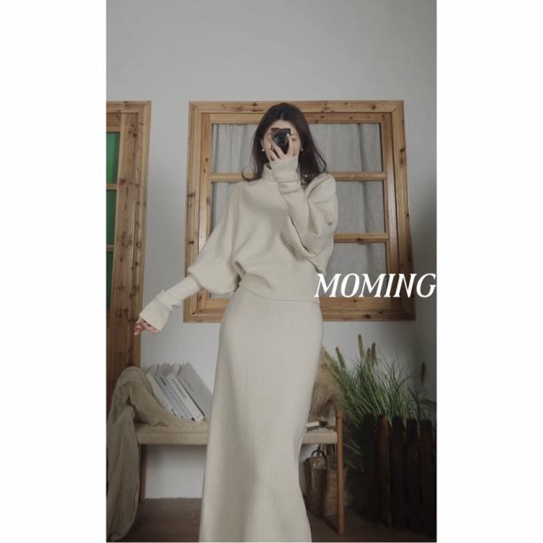 MOMING冬季新品 女神 法式优雅晚会聚会高领蝙蝠袖套装