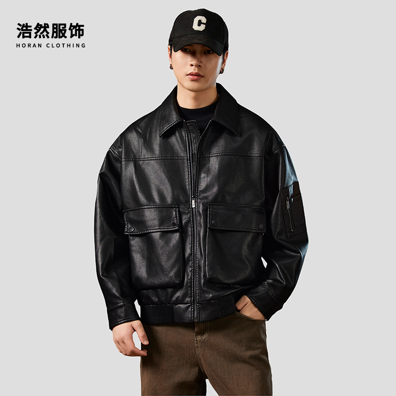 【浩然服饰】美式复古潮流皮衣外套男秋款潮牌宽松休闲机车服皮夹克