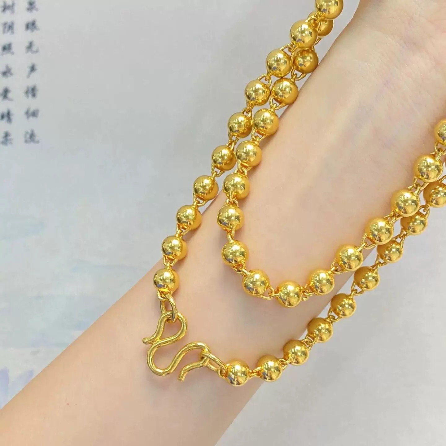 足金999纯黄金光珠亮面佛珠项链