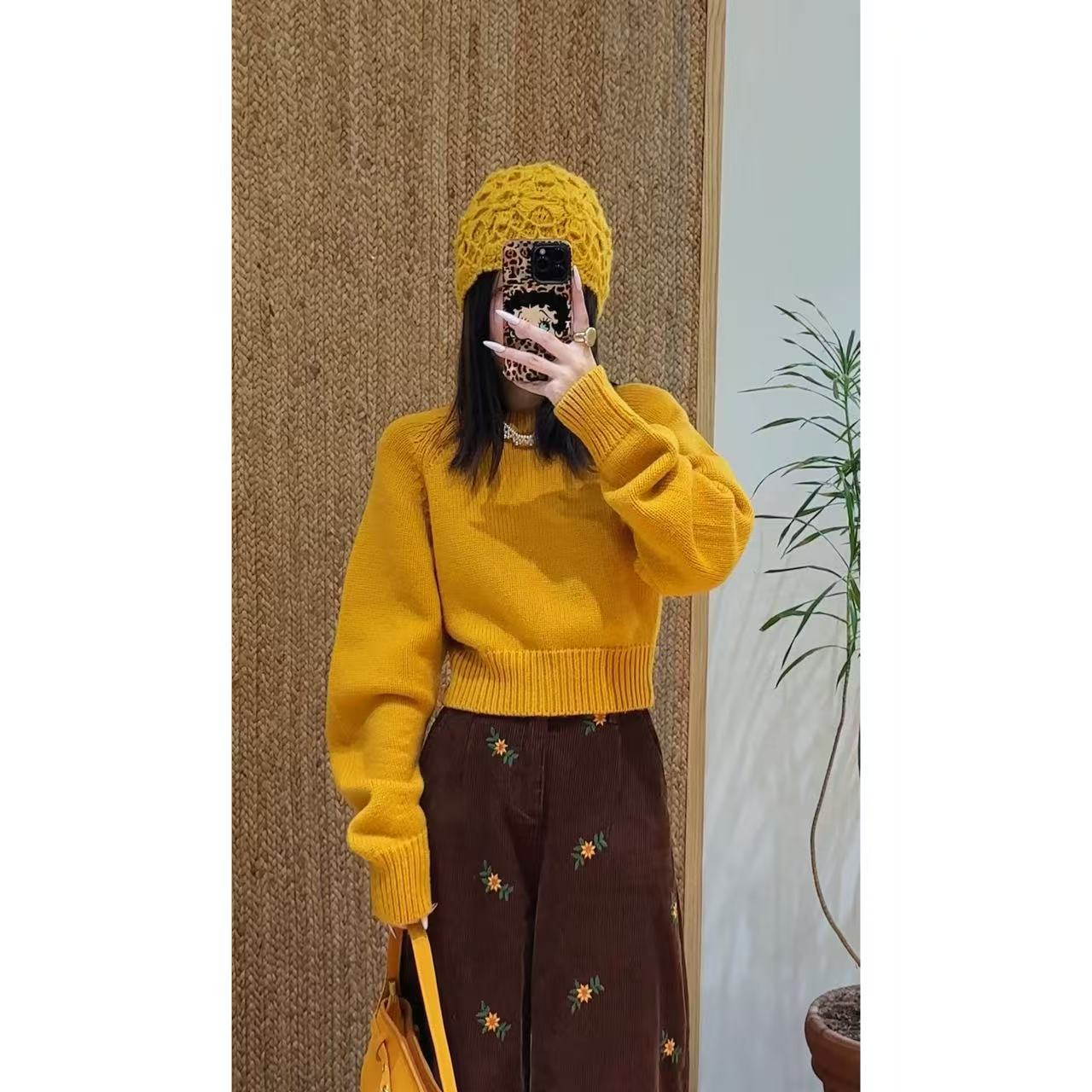 LISHIYISTUDIO深圳货羊毛插肩袖圆领短款针织毛衣F6633