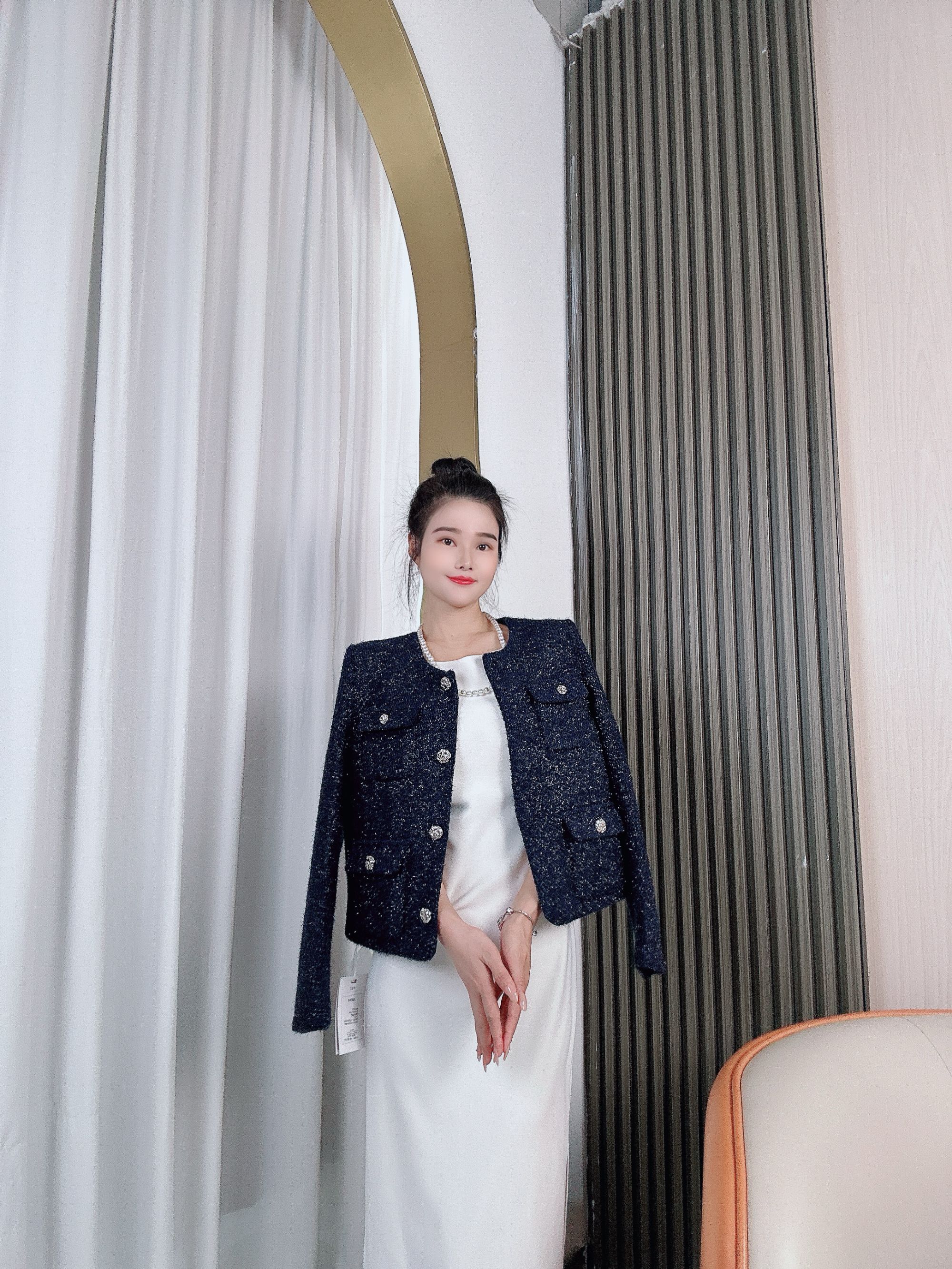 （皇妃）蓝色小香风亮片女新款韩版时尚气质圆领显瘦百搭上衣60090