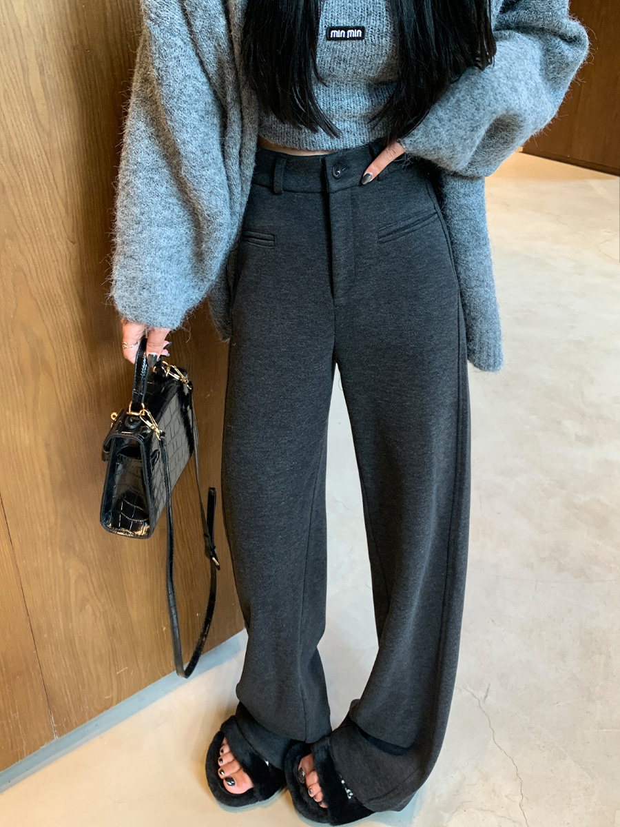 灰色裤子女秋冬款加绒2025新款直筒糯米裤子女窄版阔腿裤厚西装裤