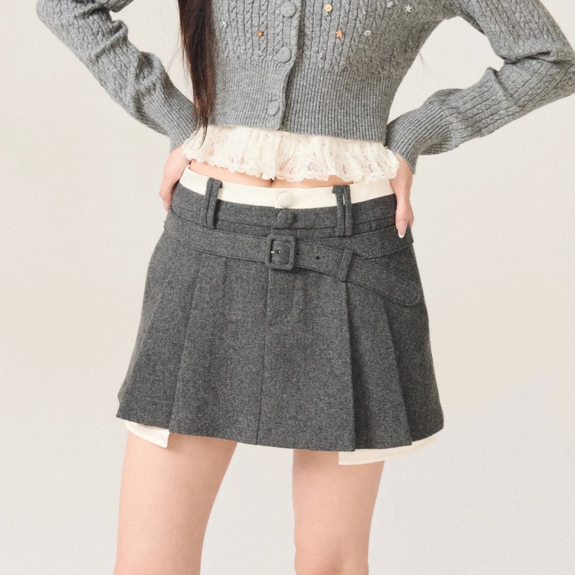 【DE MYSTERE】拉家冬季新款时尚学院千金风双腰头半裙短裙GZJ68251