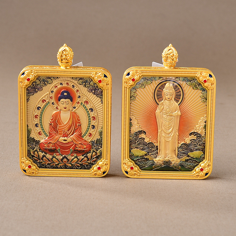 普陀山新款唐卡南海观音方形大号八大守护神吊坠佛牌挂件项链双面