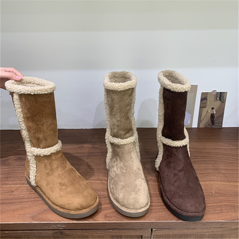 羊羔毛毛加绒保暖雪地靴2025年冬季绒面圆头加厚保暖中筒东北棉靴