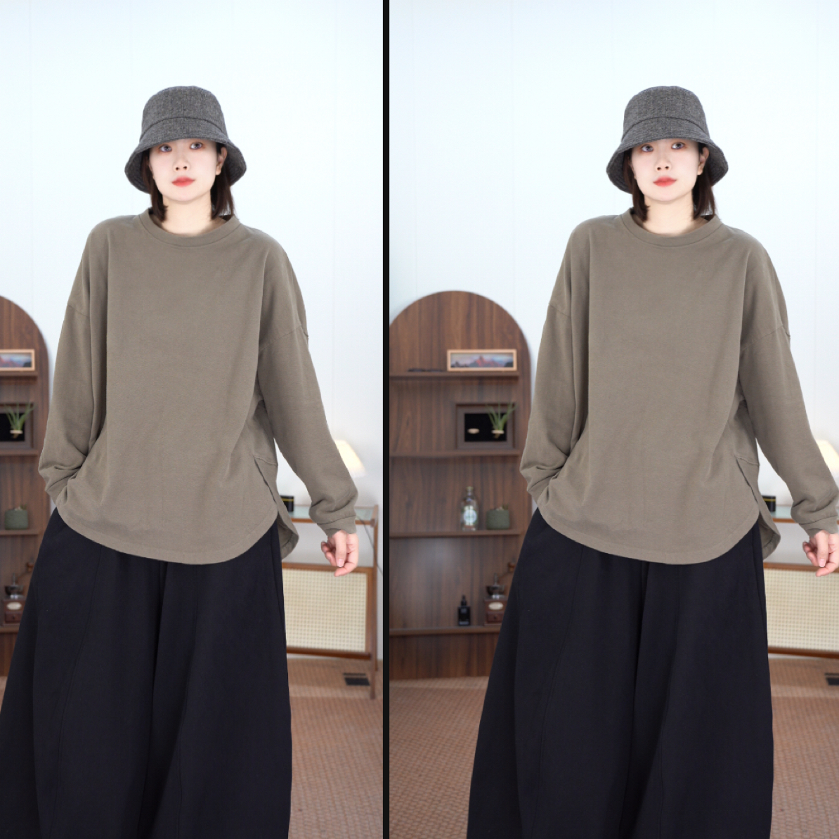 【下摆两侧弧形开衩T恤】磨毛棉T长袖圆领休闲百搭设计款打底上衣