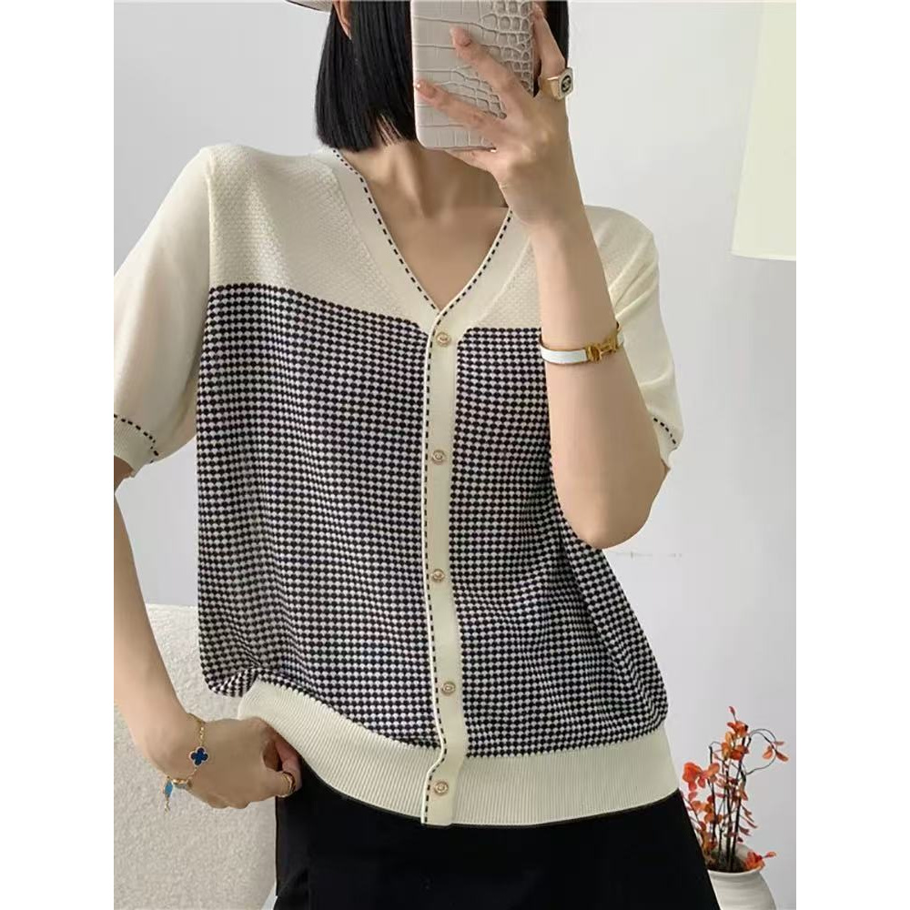 （千鸟格）静静家v领小香风减龄假开衫短袖女士 新选f1297 J03969
