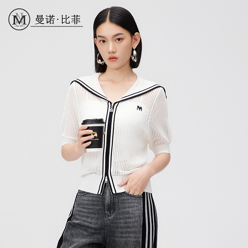 【粉丝专享】曼诺比菲海军领双拉链镂空针织开衫MFBM122264