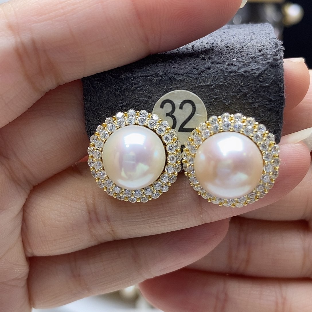 银S925镀金镶嵌耳饰淡水珍珠