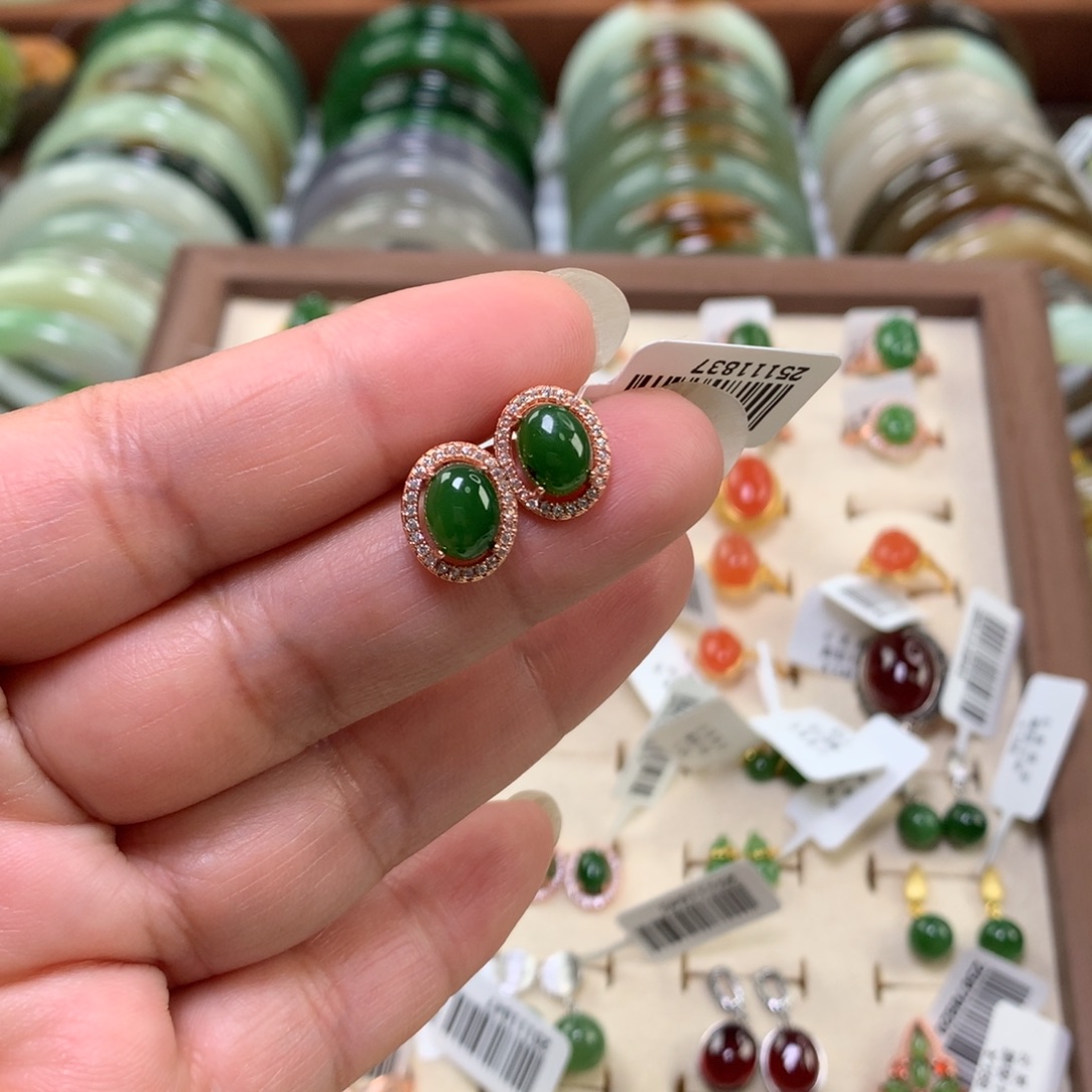 和田玉（碧玉）银S925镶嵌耳饰