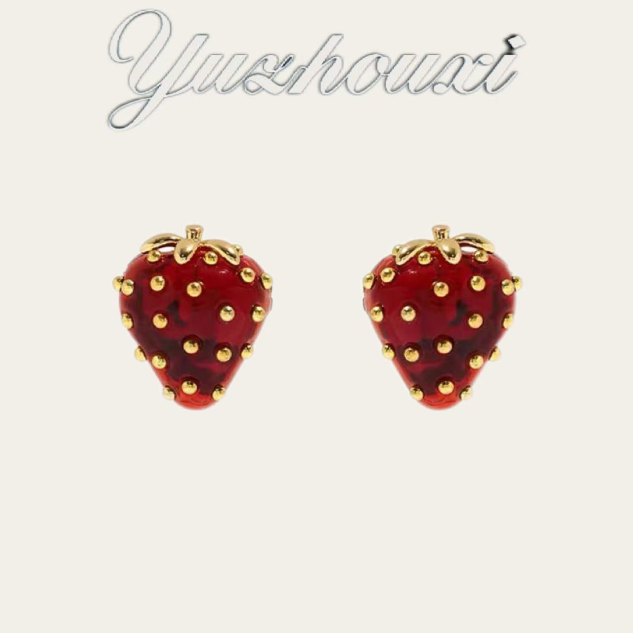 铜合金亚克力耳饰 I1-792【果酱红色草莓金色耳钉】